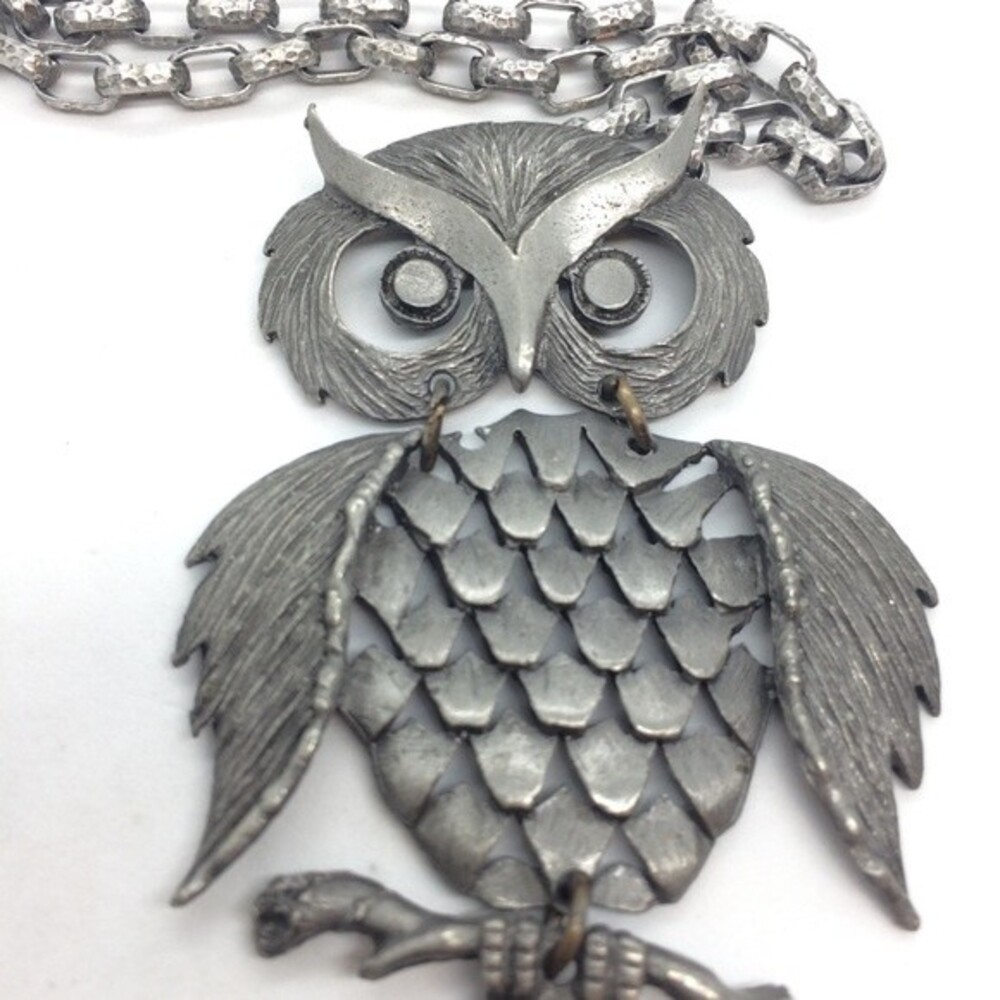 Vintage Owl Necklace 70s Large Articulated Silver Tone Pendant Cottagecore Boho